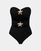 Halterneck Cut Out Swimsuit and Skirt With Flower Hardware Details