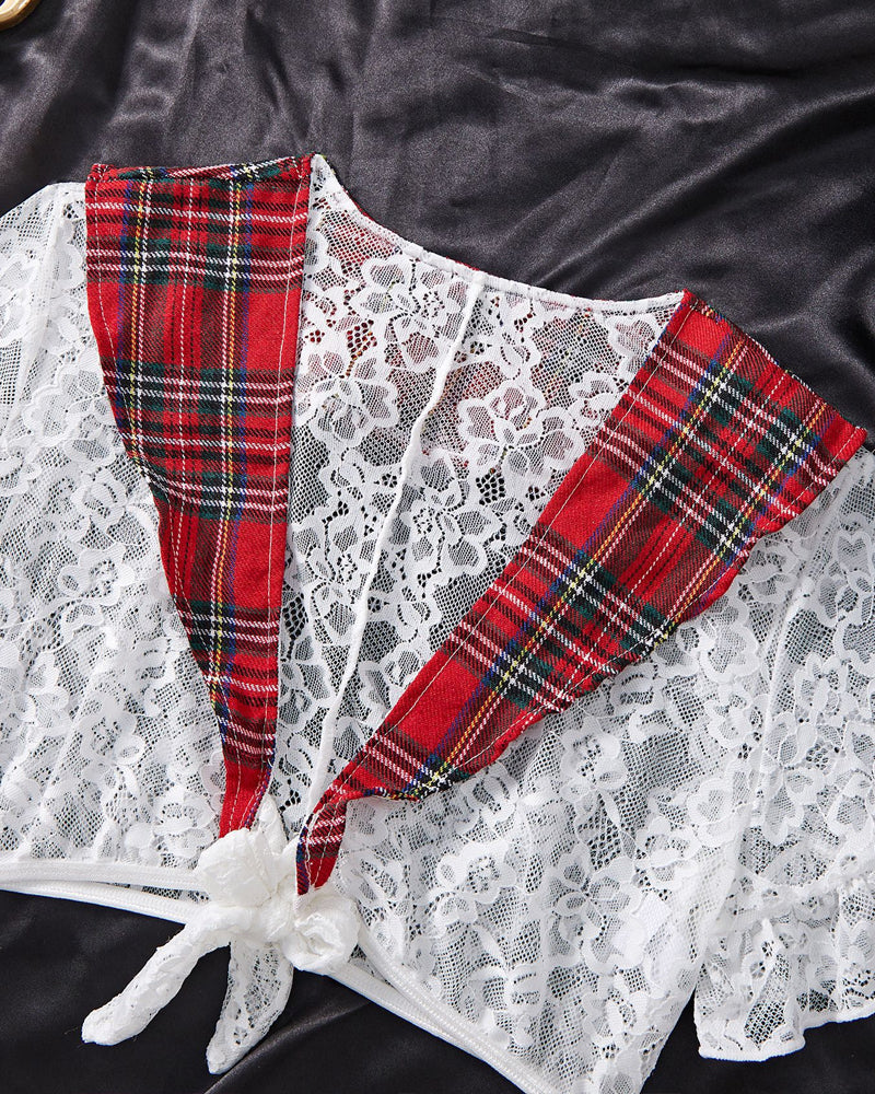 Sexy Uniform Cosplay See-through Lace Plaid Patchwork Erotic Lingerie Set with Stockings