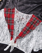Sexy Uniform Cosplay See-through Lace Plaid Patchwork Erotic Lingerie Set with Stockings