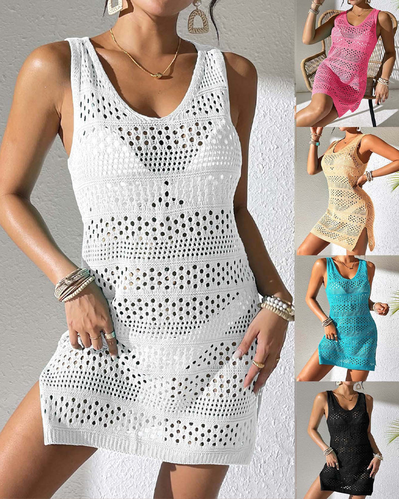 Beach Vacation Knitted Openwork Cover-up Vest Dress