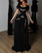 Off-Shoulder Lace Corset Chiffon Thigh Slit Maxi Dress
