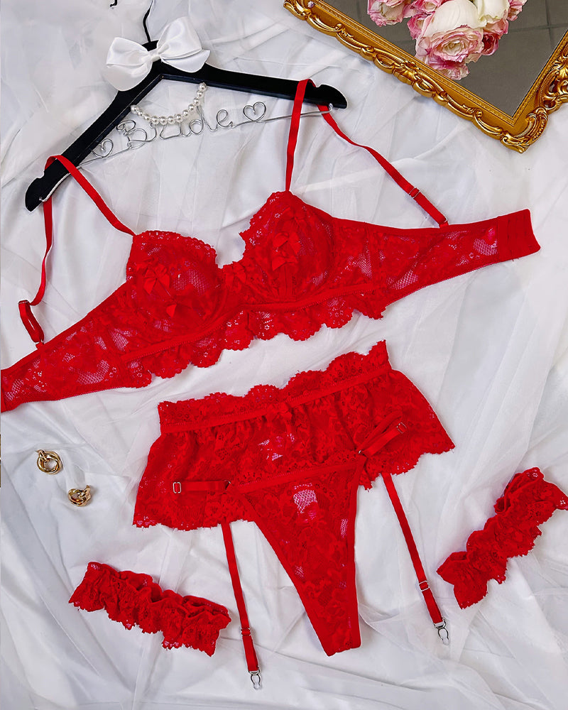 Sexy Floral Lace Mesh Underwire Bra Lingerie and Detachable Lace Thigh Garter Belt Set