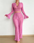 Valentine's Day Heart Print V-Neck Flared Long-Sleeved Top and Pants Pajama Set