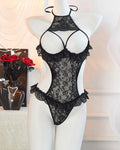Sexy Halter Neck Floral Lace See-through Cutout Bust Bodysuit Lingerie