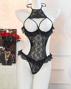 Sexy Halter Neck Floral Lace See-through Cutout Bust Bodysuit Lingerie