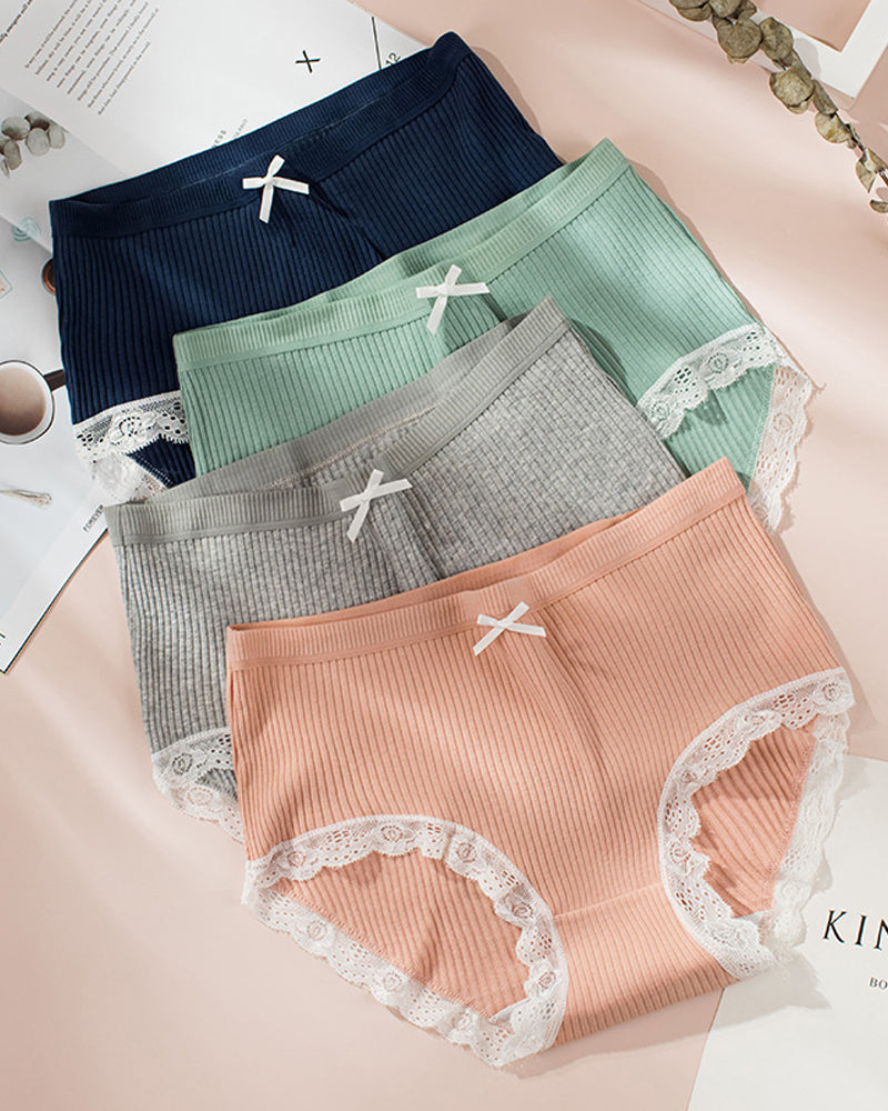 High Waisted Pure Cotton Ribbed Lace-trim Panties