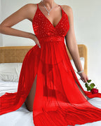 Sexy Deep V-neck Backless Rhinestone Long Slit See-through Mesh Nightgown
