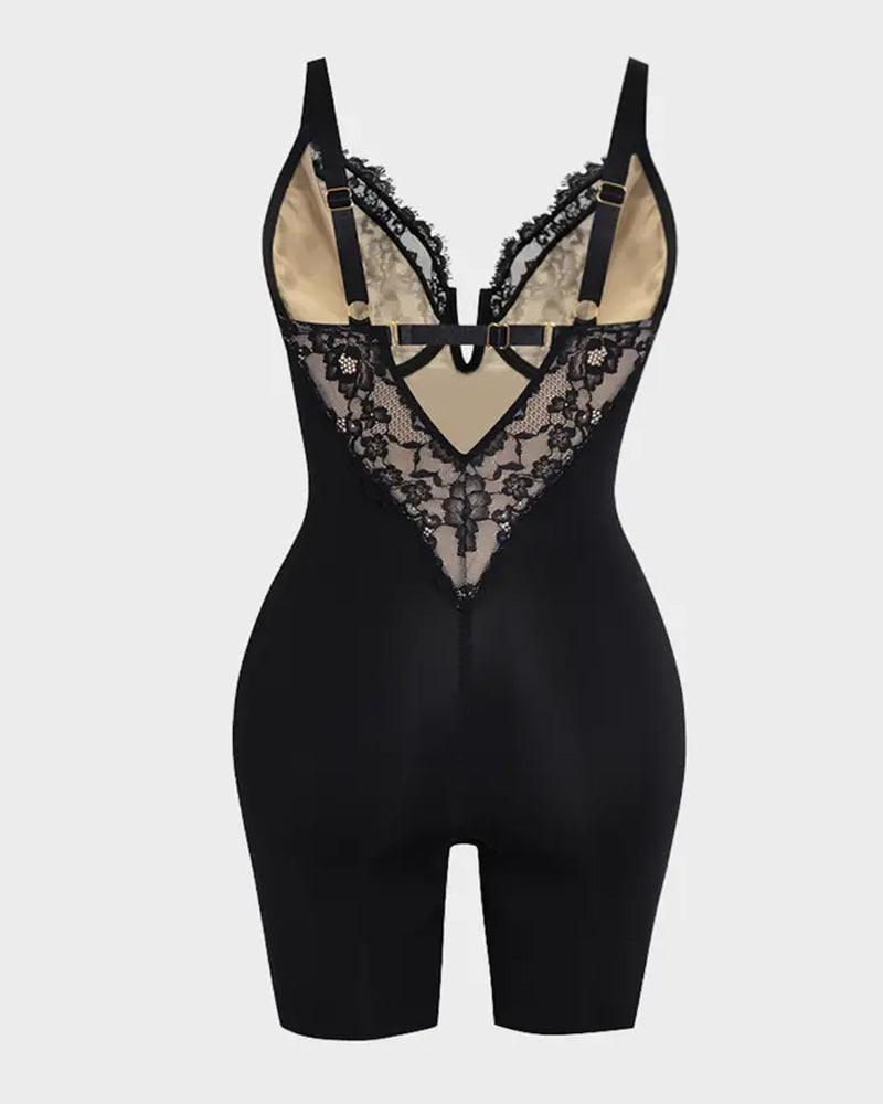 Women's V Neck Lace Stretch Seamless Bodysuit Shapewear