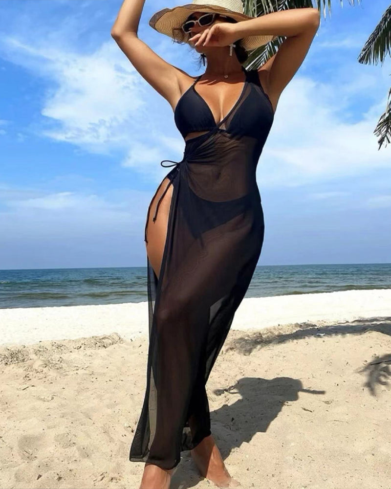 Sexy Solid Color Halter Bikini and One-shoulder Long Cover-up Set
