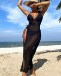 Sexy Solid Color Halter Bikini and One-shoulder Long Cover-up Set