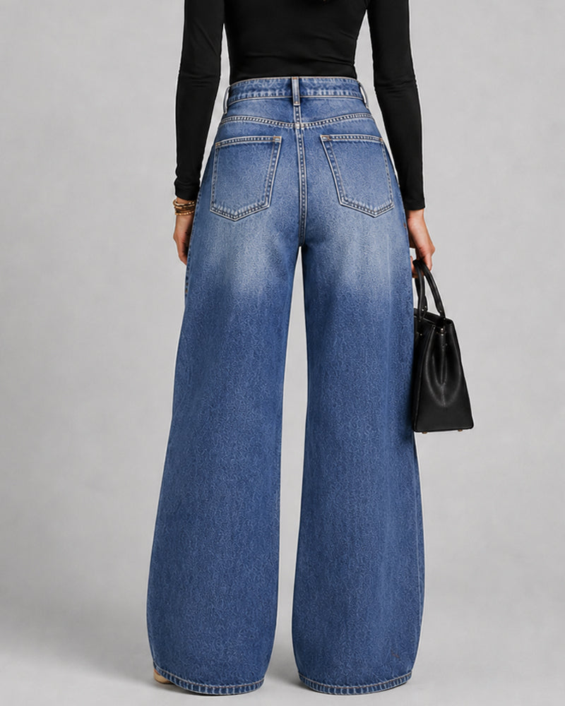 Casual Loose Metal Perforations High Waist Wide-leg Washed Jeans