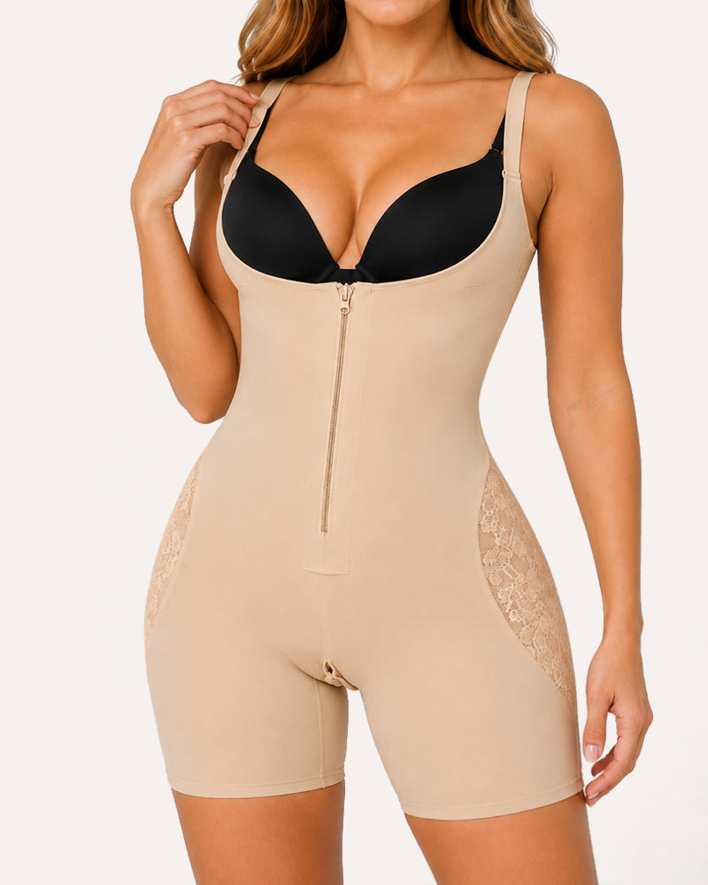 Open Bust Tummy Control with Zipper See-through Mesh Seamless Shapewear