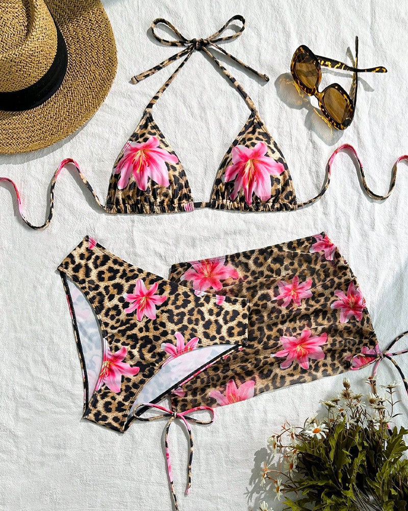 Sexy Halter Neck Leopard Print Beach Vacation Bikini Set