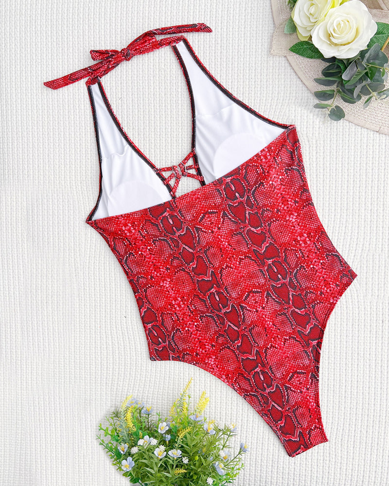 Snake-print Cutout Halter Neck Strap One-piece Swimsuit