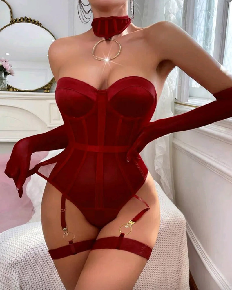 Sexy Strapless See-through Mesh Patchwork Bodysuit Lingerie