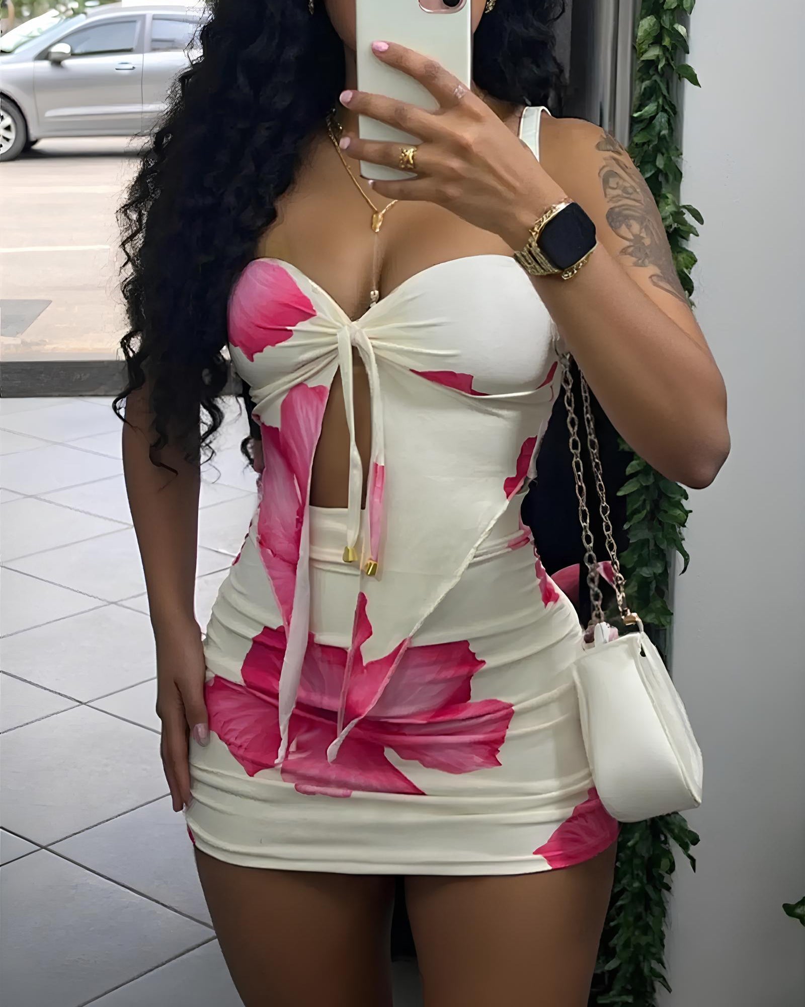 Beach Vacation Floral Print Strapless Top and Tight Skirt Set