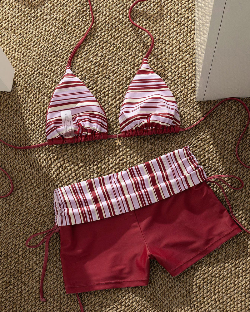 Halter Neck Floral Striped Bikini Swimsuit Set
