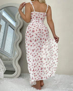 Sexy Ruffled Underwire Floral Print High Slit Long Nightgown