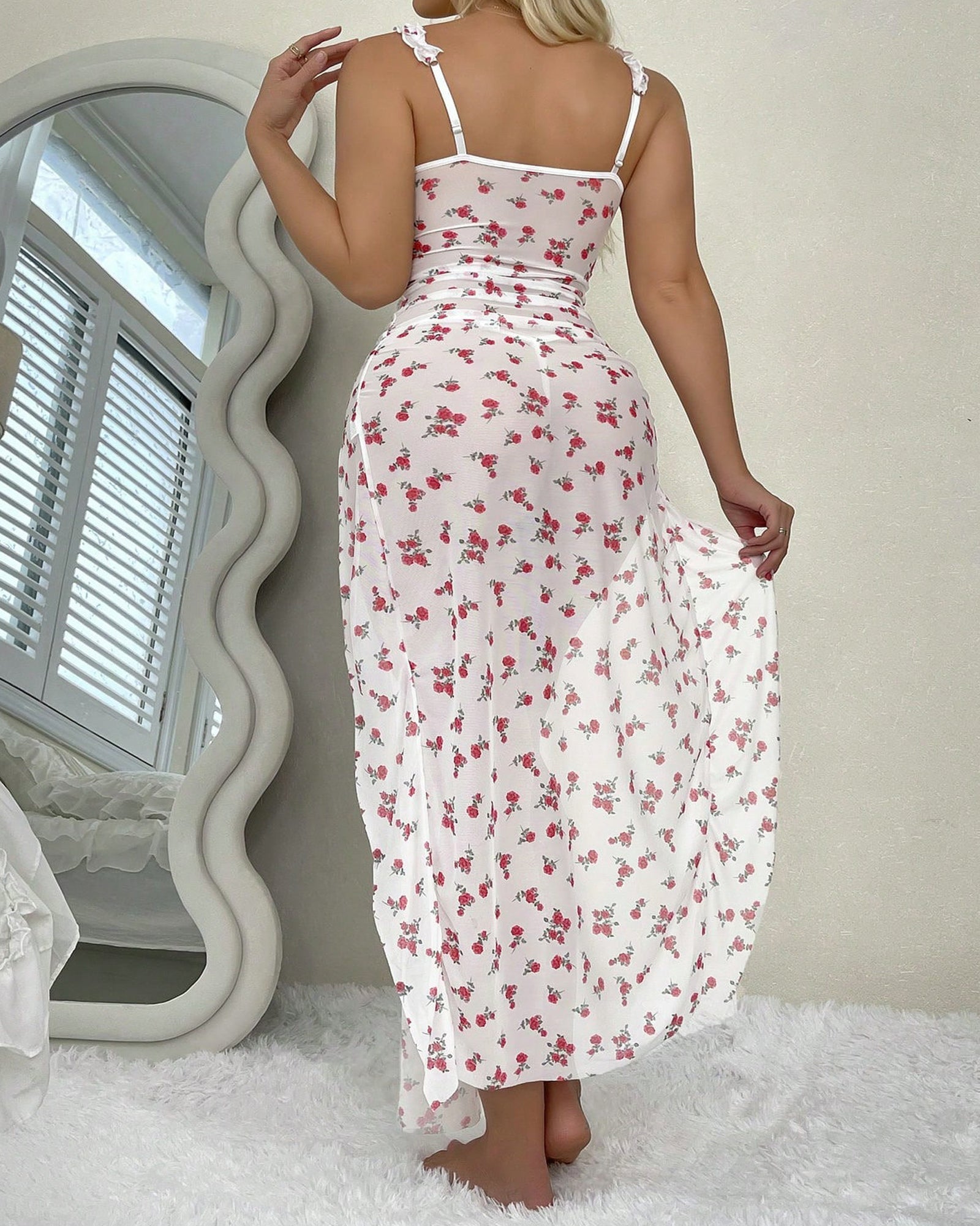 Sexy Ruffled Underwire Floral Print High Slit Long Nightgown