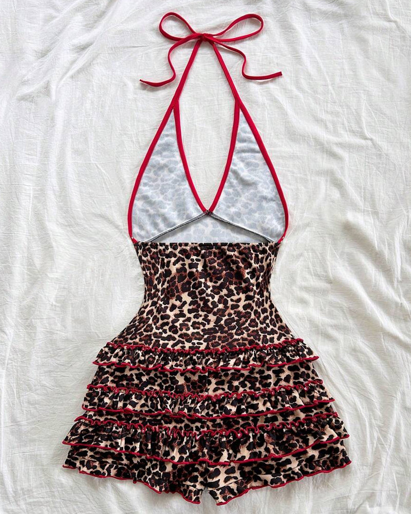 Women's Retro Leopard Print V-Neck Backless One-piece Swimsuit