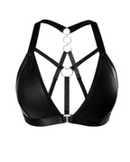 Sexy Deep V Leather Backless Metal Ring Cutout Bra