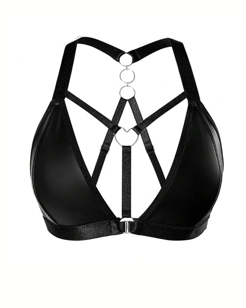Sexy Deep V Leather Backless Metal Ring Cutout Bra