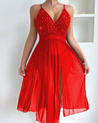 Sexy Deep V-neck Backless Rhinestone Long Slit See-through Mesh Nightgown