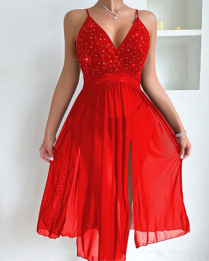 Sexy Deep V-neck Backless Rhinestone Long Slit See-through Mesh Nightgown