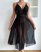 Sexy Deep V-neck Backless Rhinestone Long Slit See-through Mesh Nightgown