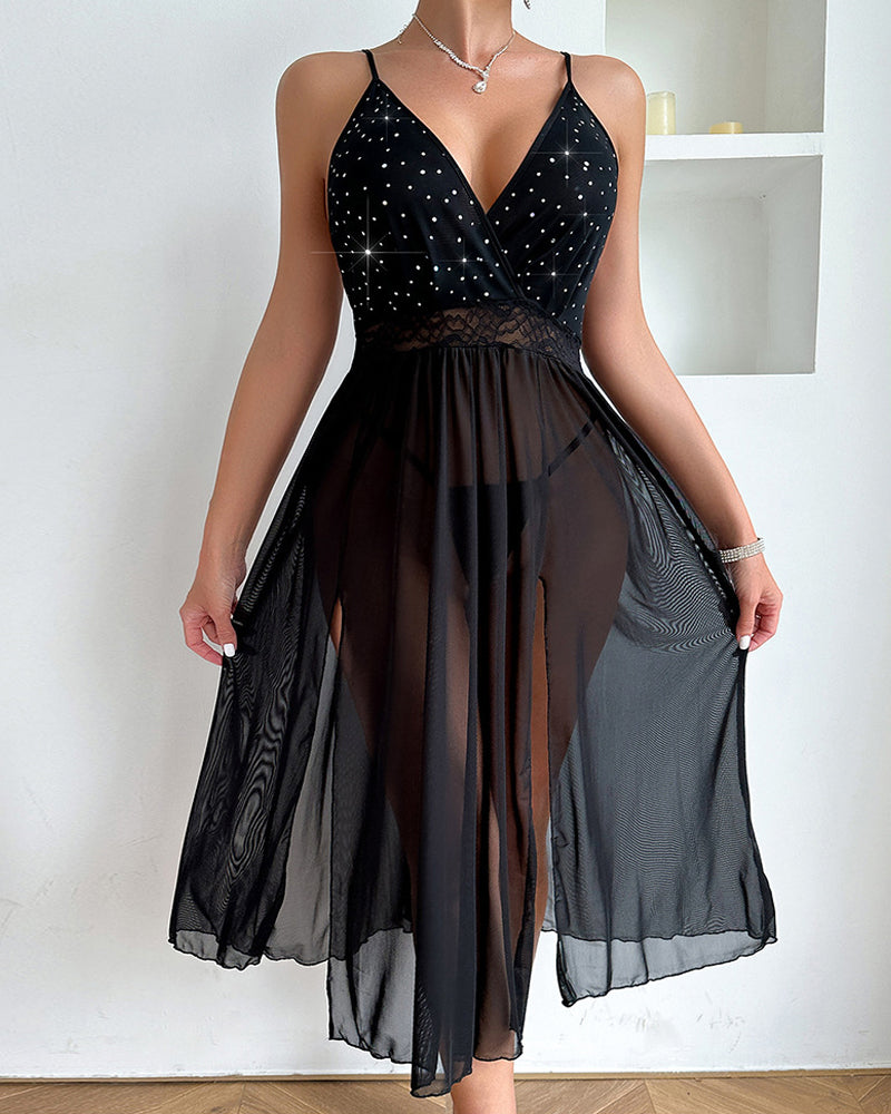 Sexy Deep V-neck Backless Rhinestone Long Slit See-through Mesh Nightgown