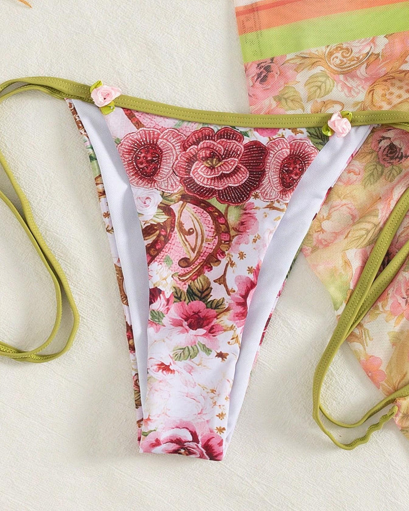 Retro Floral Print Halter Bikini and Cover-up Three-piece Set