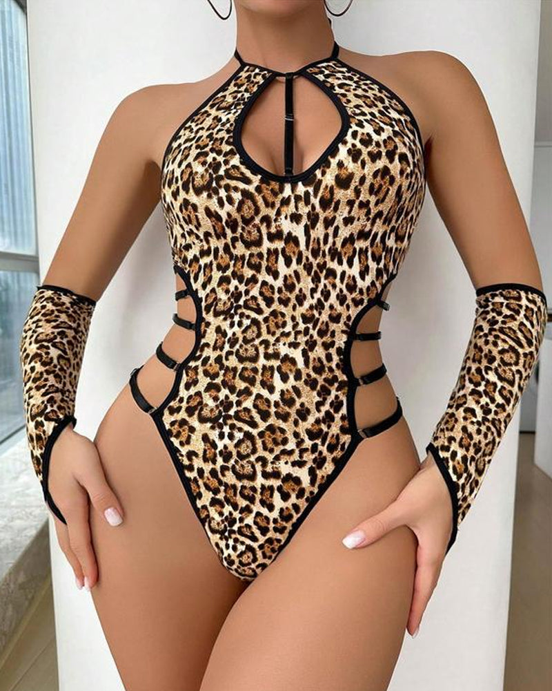 Sexy Leopard Print Halter Neck Cutout Bodysuit Nightgowns