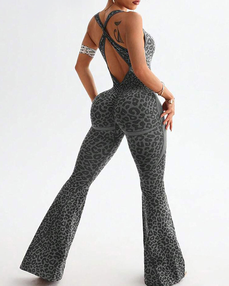 Leopard Print Crossback Seamless Elastic Yoga Fitness Jumpsuit