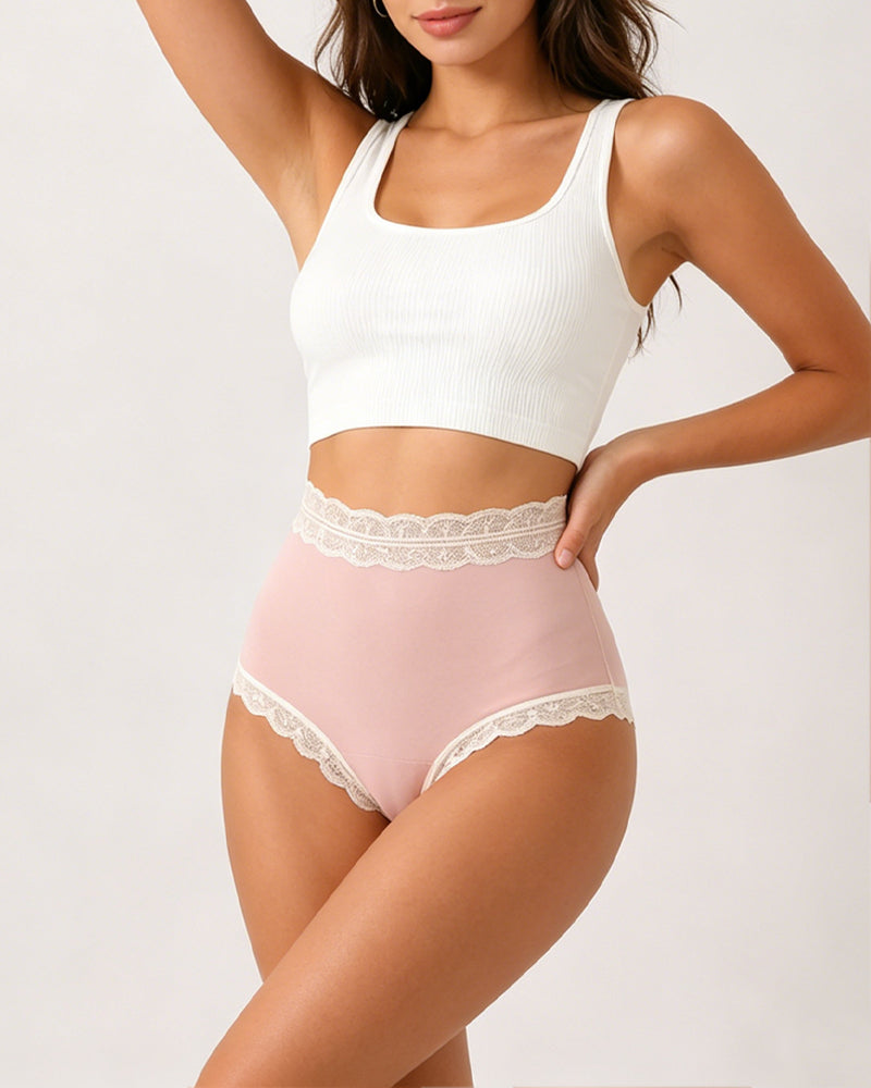 Pure Cotton High Waisted Seamless Lace-trimmed Panties