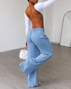 High Waist Pleated Tencel Faux Denim Wide-leg Pants