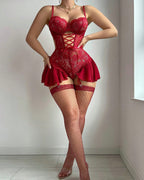 Sexy Embroidered Mesh See-through Camisole Nightgown with Fishnet Stockings Set