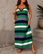 Women's Rainbow Striped V Neck Spaghetti Strap Long Dress