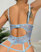 Women's Floral Lace See-Through Mesh Garter Lingerie Set