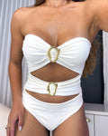 Sexy hollow metal buckle decoration beach vacation one-piece swimsuit