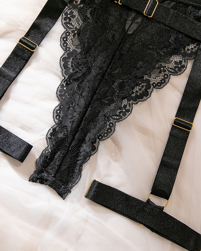 Sexy Deep V-neck Halter Neck Lace Sheer Bodysuit with Garter Belt and Gloves Lingerie Set