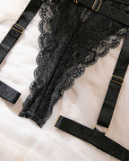 Sexy Deep V-neck Halter Neck Lace Sheer Bodysuit with Garter Belt and Gloves Lingerie Set