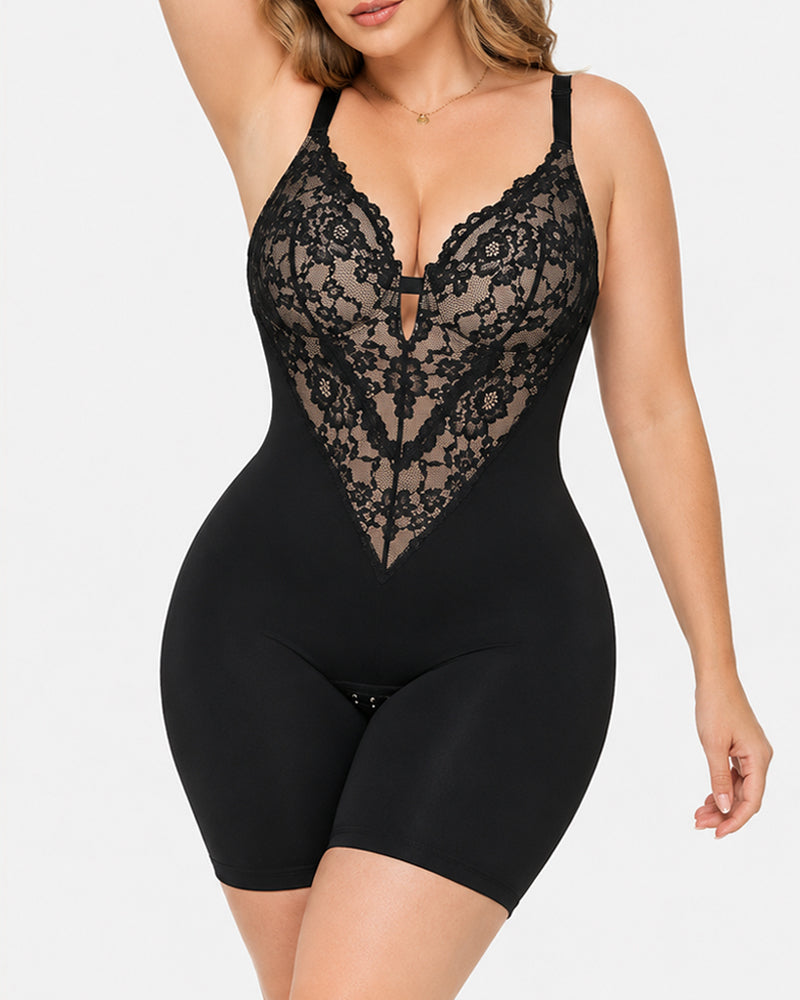 Women's V Neck Lace Stretch Seamless Bodysuit Shapewear