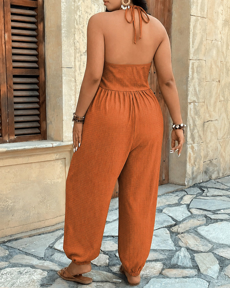 Casual Deep V Halter Neck Sleeveless Jumpsuit