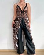 Leopard Print Sexy See-through High-slit Camisole Nightgown Set