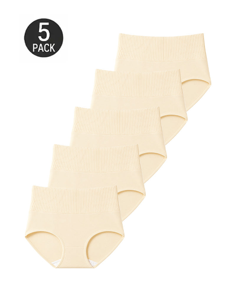 Five-Pack Pure Cotton High Waist Tummy Control Ribbed Briefs