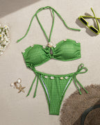 Beach Vacation Seashell Embellishments Sexy Cross-neck Halter Top Bikini Swimsuit Set