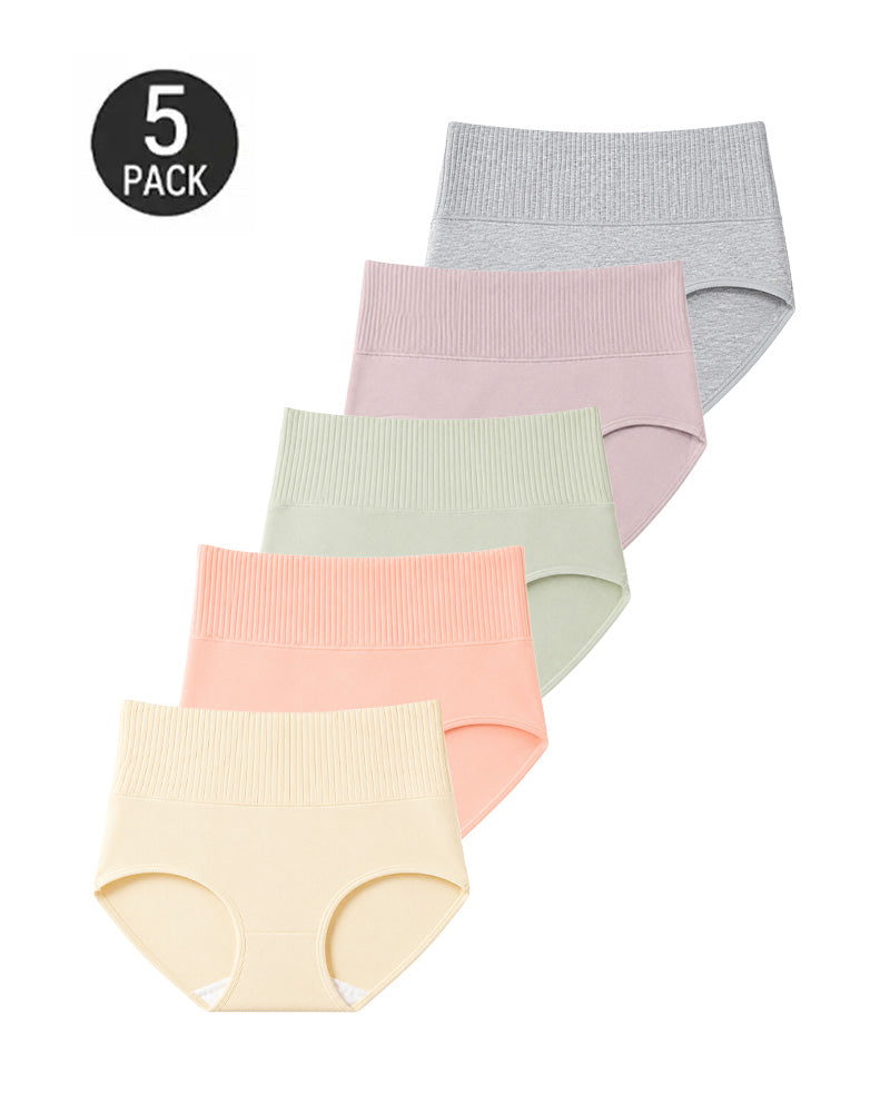 Five-Pack Pure Cotton High Waist Tummy Control Ribbed Briefs