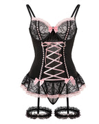 Gathered Contrast Color Sexy See-Through Lace Bow With Leg Cover Pajamas Set