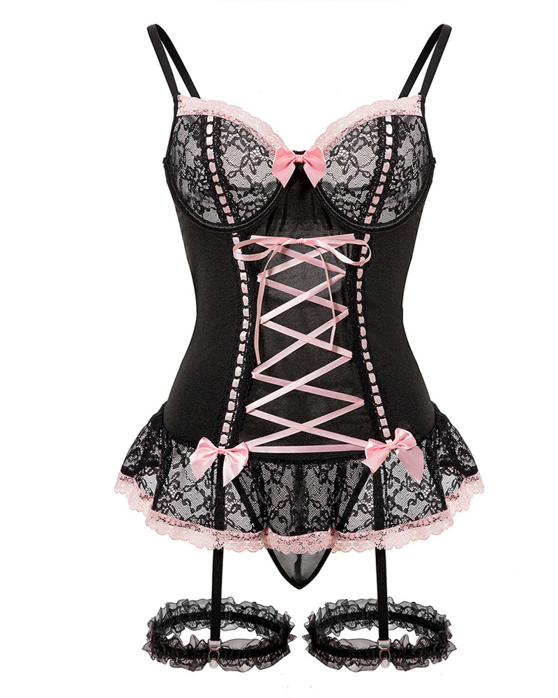 Gathered Contrast Color Sexy See-Through Lace Bow With Leg Cover Pajamas Set
