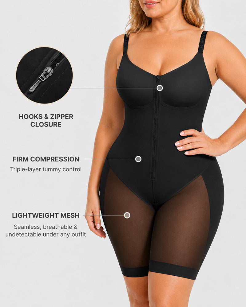 Full Body Mid Thigh Front Zipper Seamless Bodysuit Shapewear